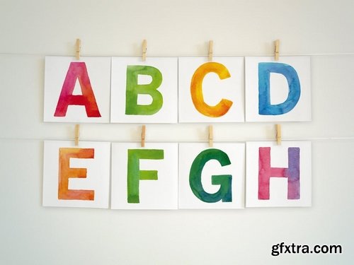 Watercolor Alphabet, happy rainbow colors