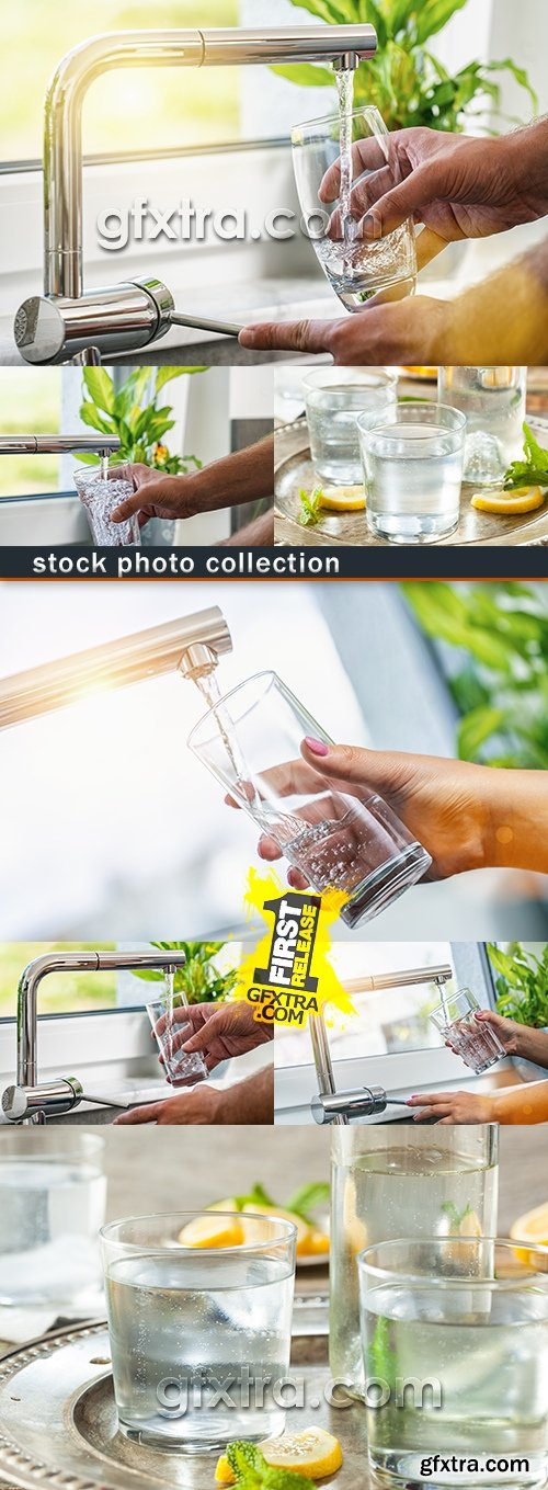 Water from crane and glass of water with lemon and mint