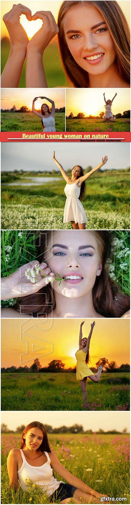 Beautiful young woman on nature over field background