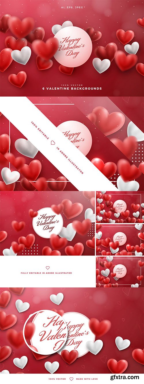 6 Valentine Hearts Vector Backgrounds