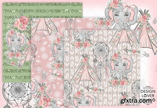 Boho Elephant Cute digital paper pack