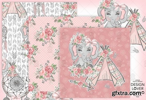 Boho Elephant Cute digital paper pack