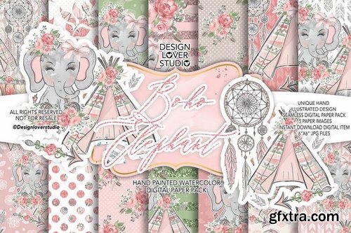 Boho Elephant Cute digital paper pack