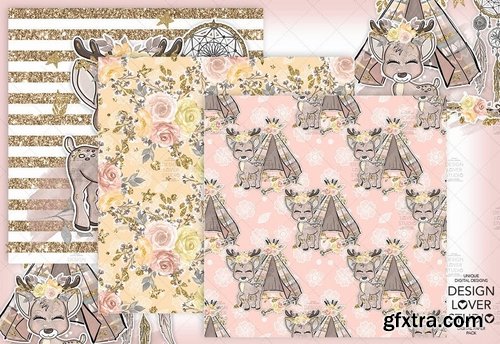 Boho deer Cute digital paper pack