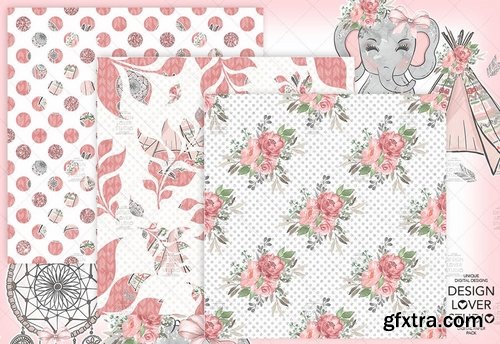 Boho Elephant Cute digital paper pack