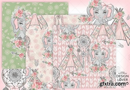 Boho Elephant Cute digital paper pack