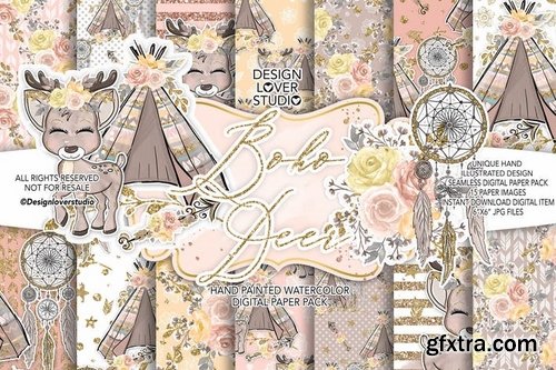 Boho deer Cute digital paper pack