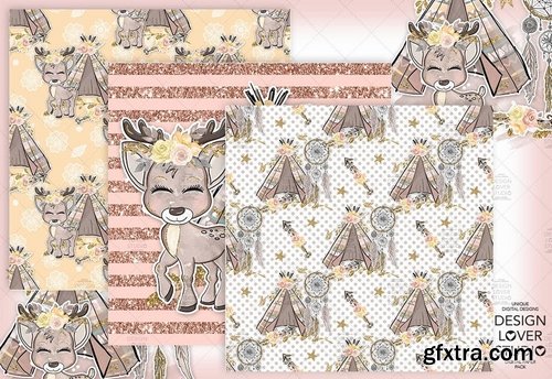 Boho deer Cute digital paper pack