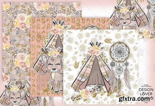 Boho deer Cute digital paper pack