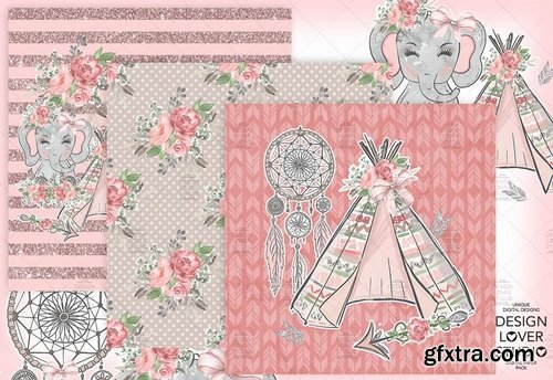 Boho Elephant Cute digital paper pack