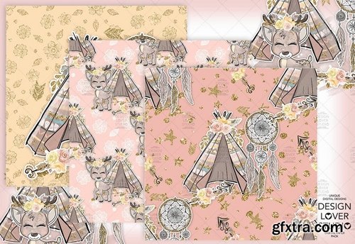 Boho deer Cute digital paper pack