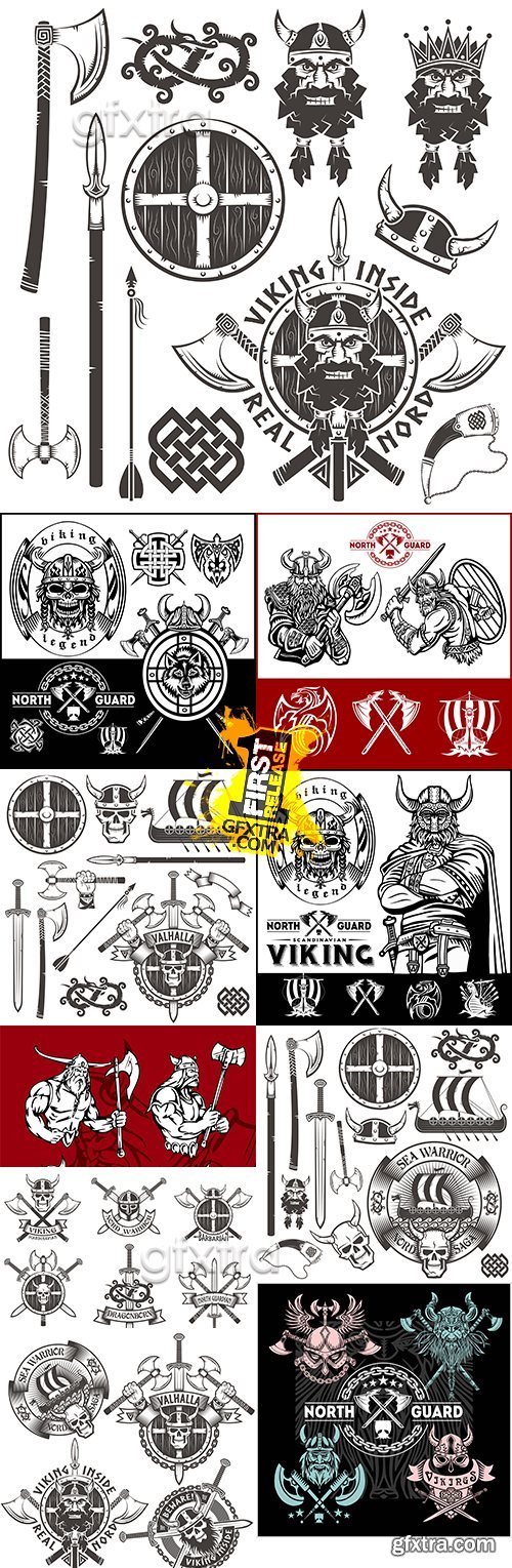 Viking Scandinavian and soldier emblem skull and weapon