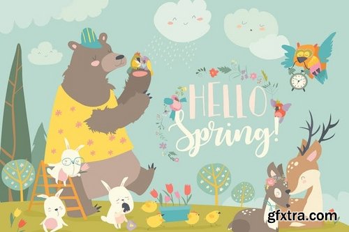 Cute animals meeting spring in the forest Vector