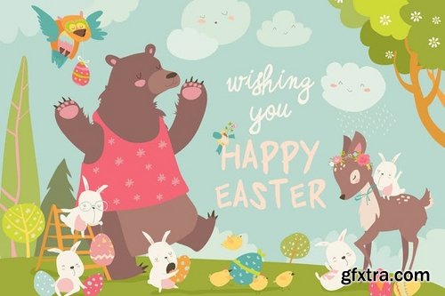 Cute animals meeting spring in the forest Vector