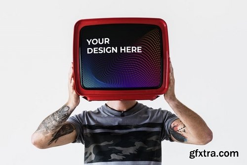 Person with tattoo holding television Mockup