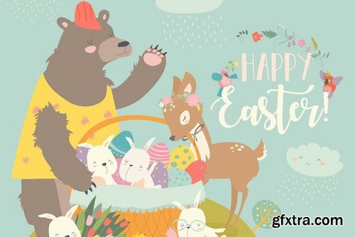 Cute bear,happy rabbits and little deer Easter bunnies and easter egg