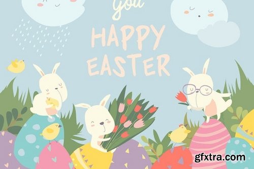 Cute bear,happy rabbits and little deer Easter bunnies and easter egg