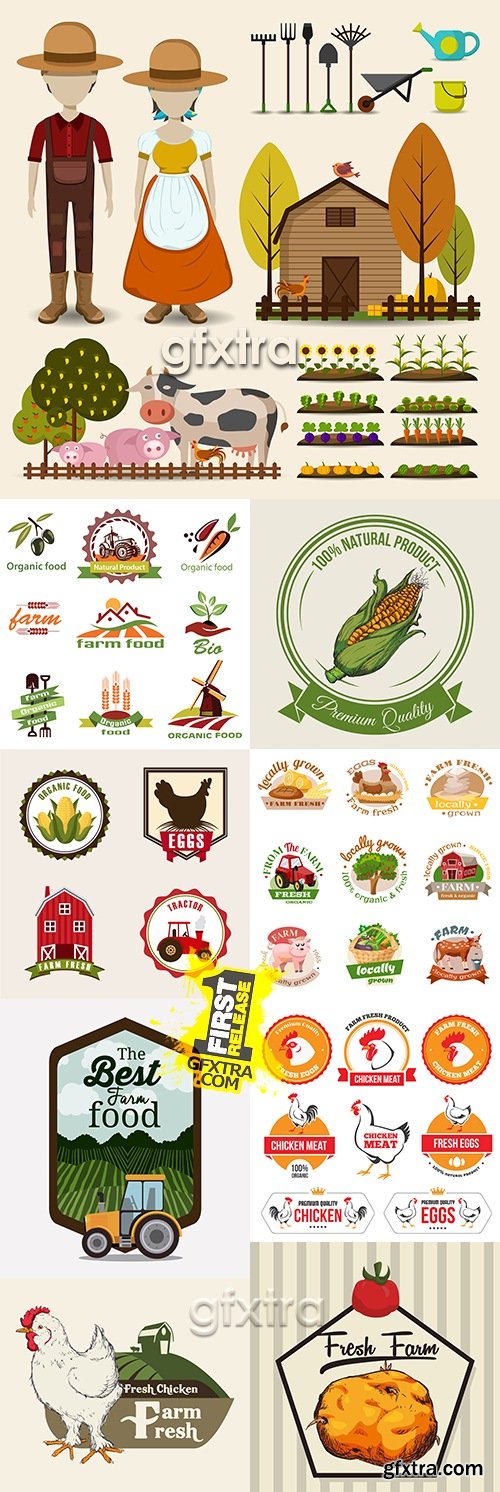 Agricultural farm fresh nature product label collection