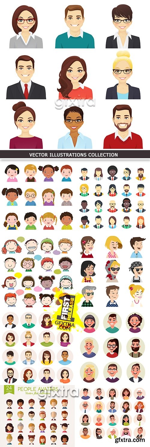 Set avatars happy people different age portraits cartoon