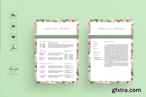 CreativeMarket - Floral Resume Template / Coverletter Template 2543339