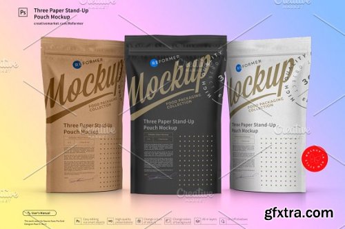 CreativeMarket - Three Paper Doy-Pack Pouch Mockup 3333599