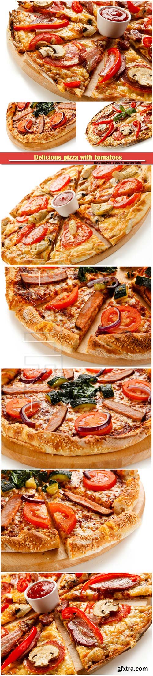 Delicious pizza with tomatoes, peppers and mushrooms