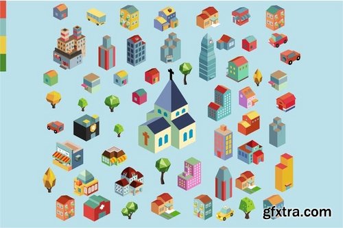 Colorful vector isometric buildings and cities