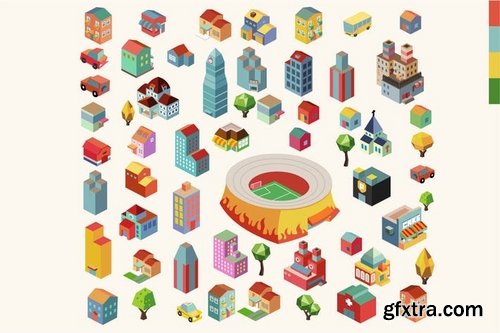 Colorful vector isometric buildings and cities