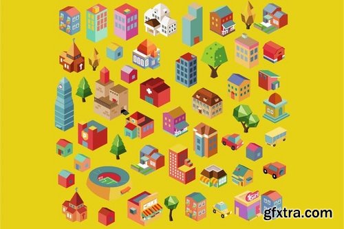 Colorful vector isometric buildings and cities