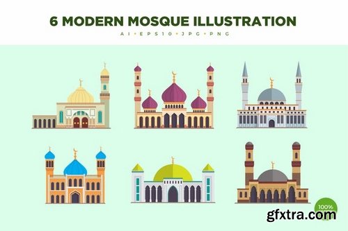 6 Modern Mosque Vector Illustration Set