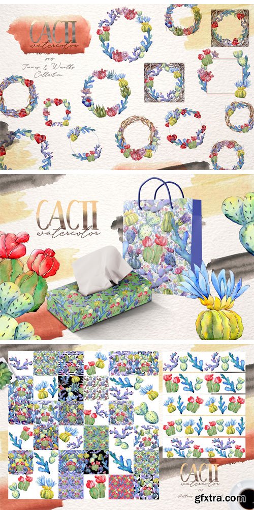 Designbundles - Cool Colorful Cacti PNG Watercolor Set 154828