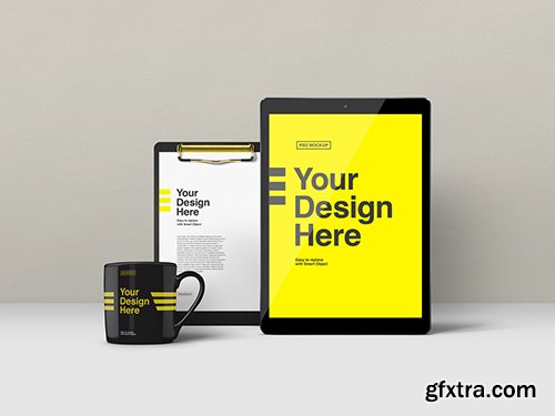 Tablet, Clipboard and Mug Mockup 241591588