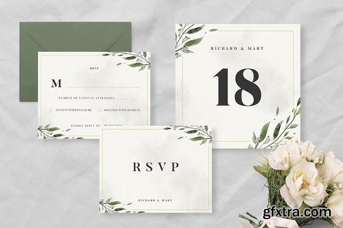 Watercolor Leaf Wedding Invitation Suite