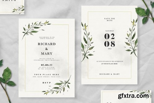 Watercolor Leaf Wedding Invitation Suite