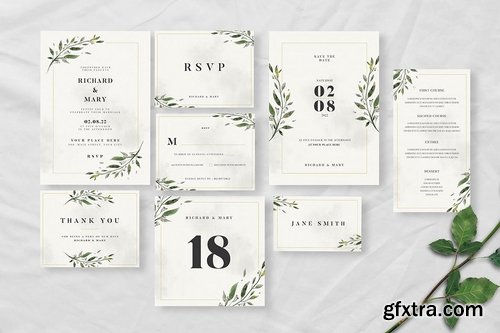 Watercolor Leaf Wedding Invitation Suite