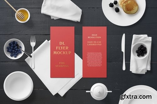 DL Flyer With Foil Stamping Mockup - Breakfast Set