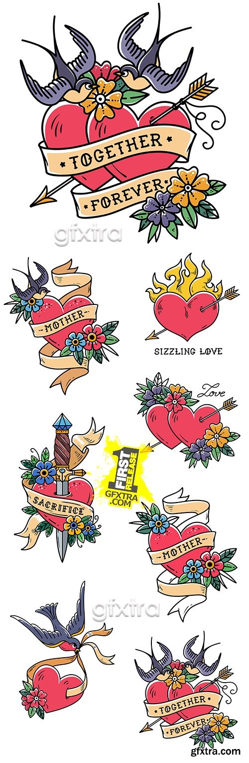 Romantic heart and flowers compositions design tattoo