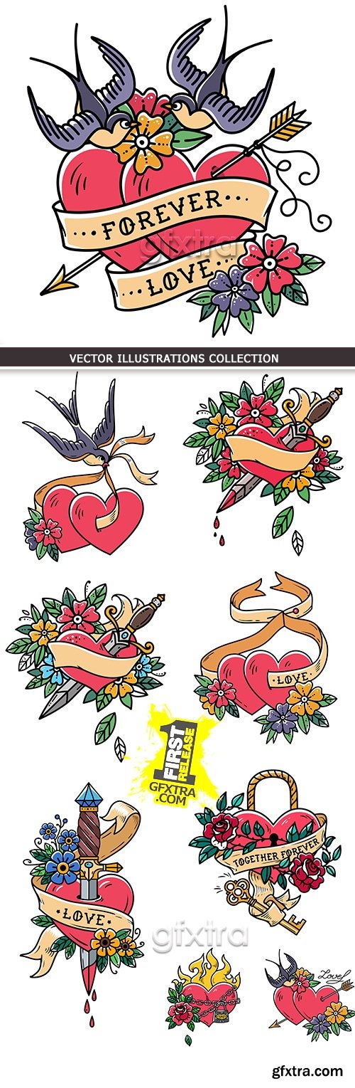 Romantic heart and flowers compositions design tattoo