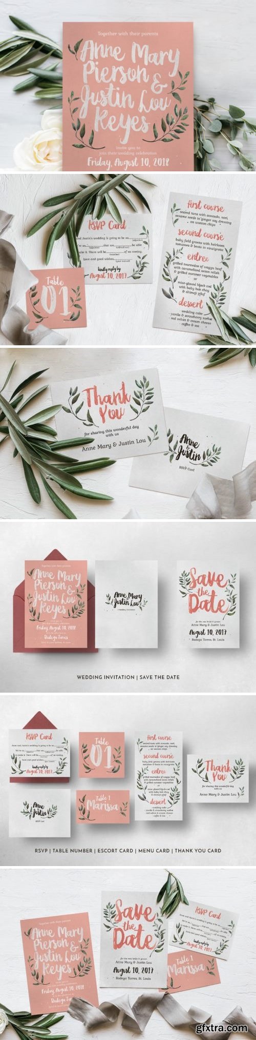 Rustic Pink & Green Wedding Invitation Suite