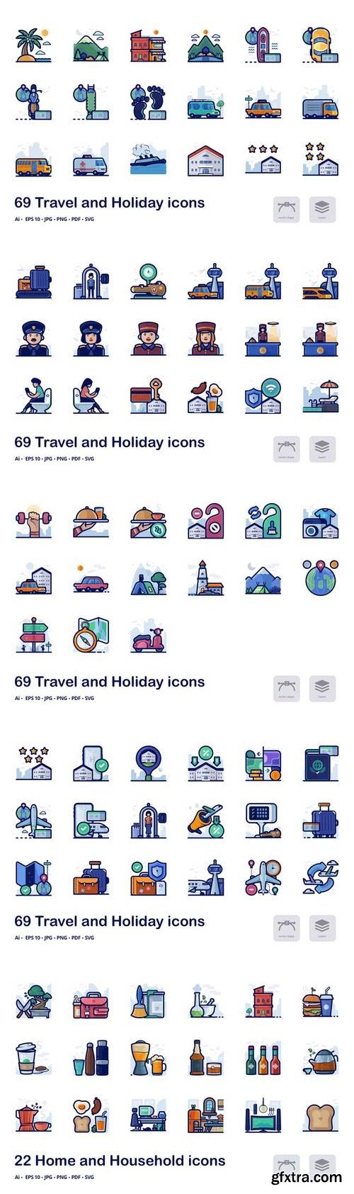 Travel and holiday filled outline icons