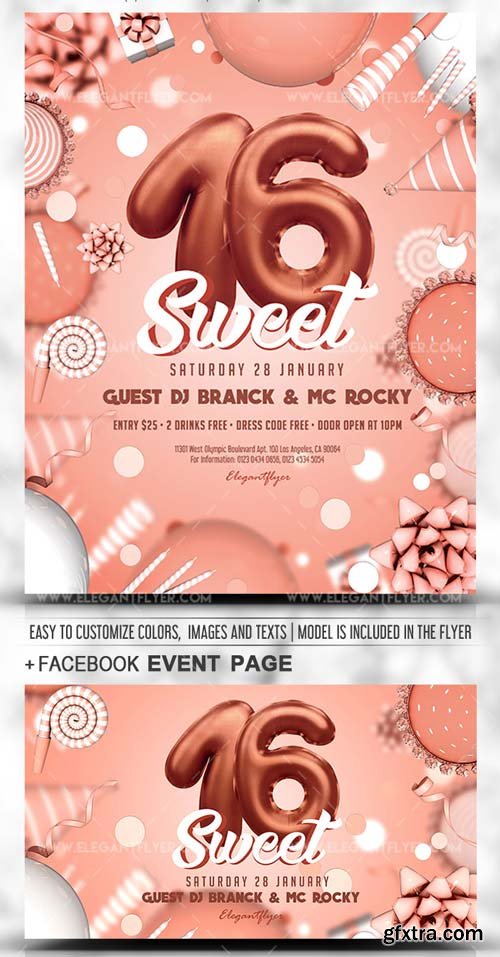 Sweet 16 V5 2019 PSD Flyer Template + Facebook Cover + Instagram Post