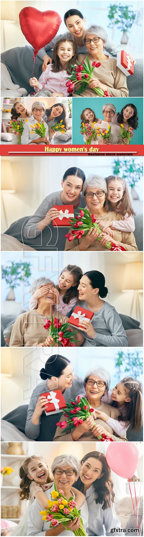 Happy women\'s day, grandma, mum and girl smiling and hugging