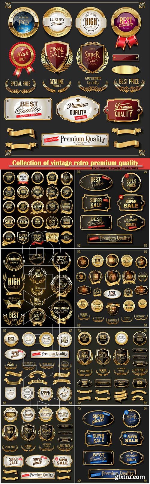 Collection of vintage retro premium quality golden badges and labels