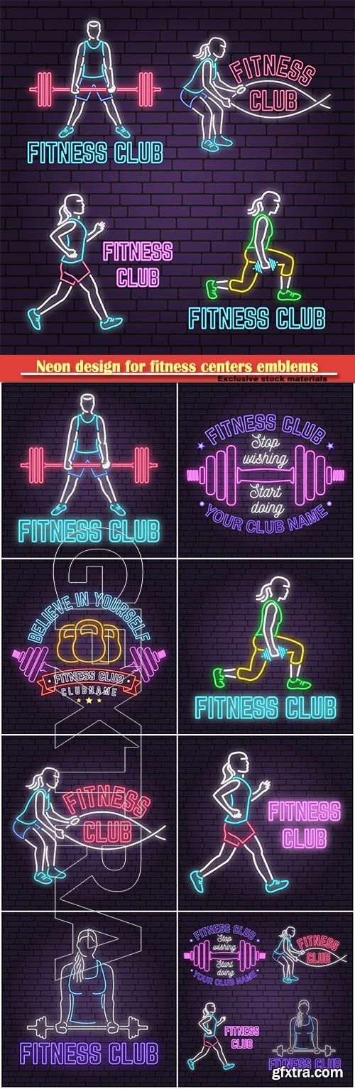 Neon design for fitness centers emblems, gym signs