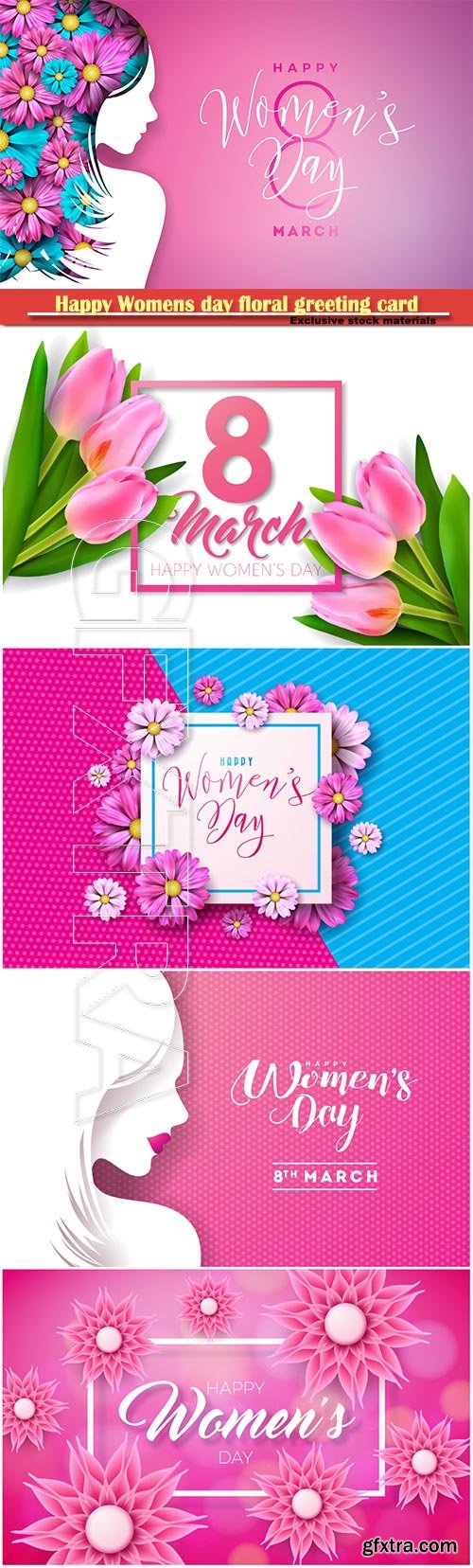 Happy Womens day floral greeting card, international female holiday Illustration, 8 March