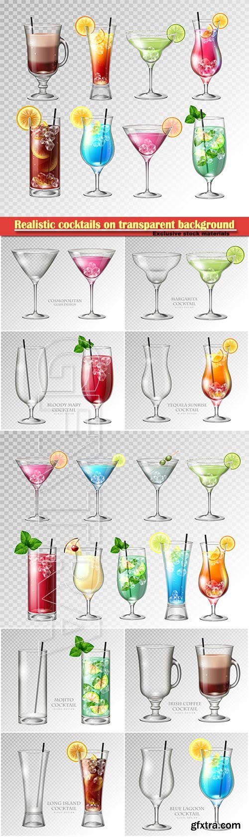 Realistic cocktails on transparent background vector illustration