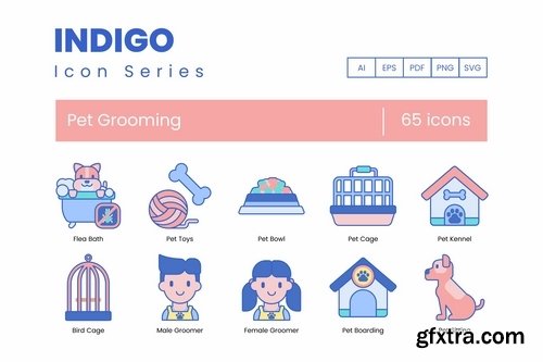 65 Pet Grooming Icons  Indigo Series