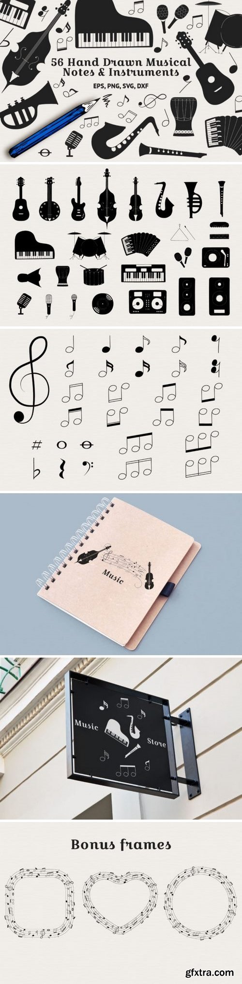 56 Hand Drawn Musical Instruments & Music Notes