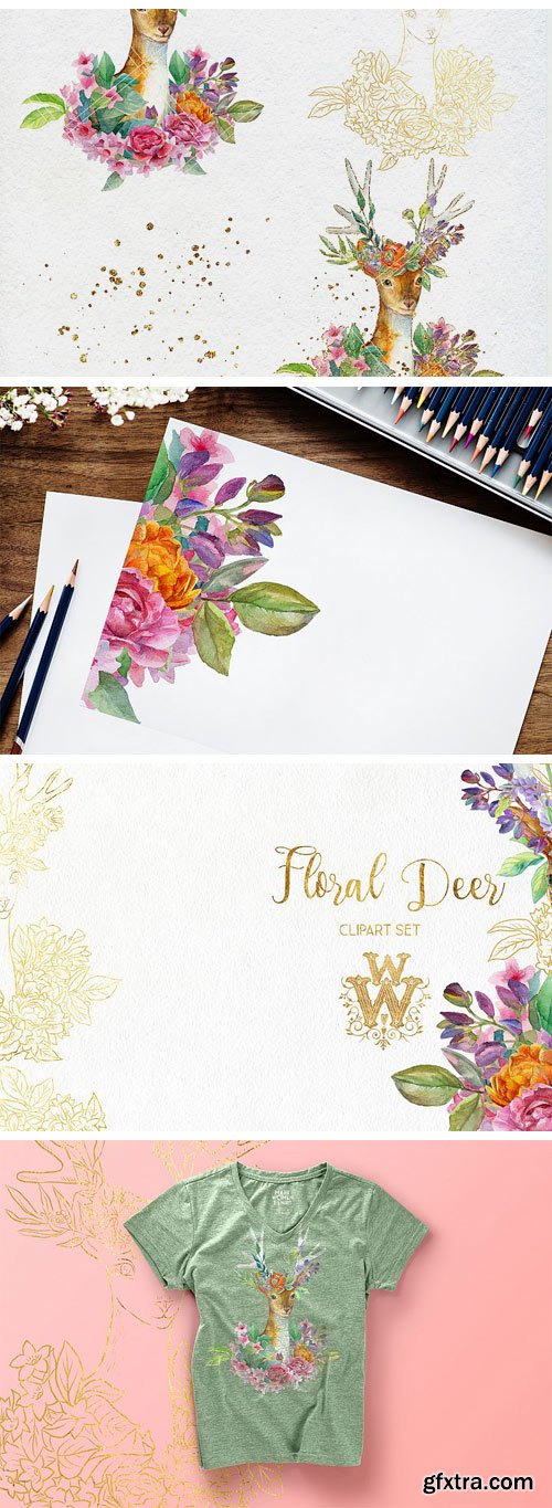 Designbundles - Watercolor Floral Deer Printable Clipart 153932