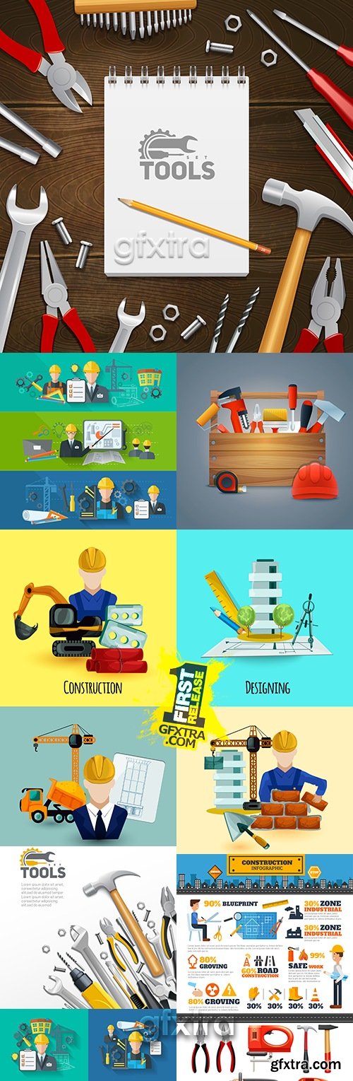 Construction tools and flat icons design illustration